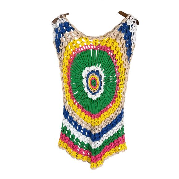 U-Style Bright Multicolor Sleeveless Open Crochet Relaxed Coverup Festival Top - Picture 8 of 10